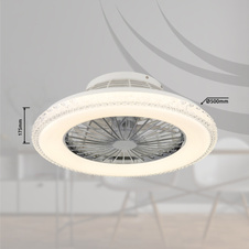 Stropní ventilátor, kov chrom, plast bílý/chrom, čiré akrylové křišťály, stmívatelný, paměť, dál. ovládání, 25m², stupně otáček 670/920/1070 ot/min, ø:500mm, V:175mm, včetně LED 40W 230V, zdroj 300-3900lm, výstup 260-2500lm, 3000-6500
