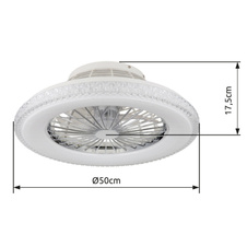 Stropní ventilátor, kov chrom, plast bílý/chrom, čiré akrylové křišťály, stmívatelný, paměť, dál. ovládání, 25m², stupně otáček 670/920/1070 ot/min, ø:500mm, V:175mm, včetně LED 40W 230V, zdroj 300-3900lm, výstup 260-2500lm, 3000-6500