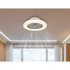 Stropní ventilátor, kov chrom, plast bílý/chrom, čiré akrylové křišťály, stmívatelný, paměť, dál. ovládání, 25m², stupně otáček 670/920/1070 ot/min, ø:500mm, V:175mm, včetně LED 40W 230V, zdroj 300-3900lm, výstup 260-2500lm, 3000-6500