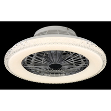 Stropní ventilátor, kov chrom, plast bílý/chrom, čiré akrylové křišťály, stmívatelný, paměť, dál. ovládání, 25m², stupně otáček 670/920/1070 ot/min, ø:500mm, V:175mm, včetně LED 40W 230V, zdroj 300-3900lm, výstup 260-2500lm, 3000-6500