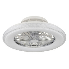 Stropní ventilátor, kov chrom, plast bílý/chrom, čiré akrylové křišťály, stmívatelný, paměť, dál. ovládání, 25m², stupně otáček 670/920/1070 ot/min, ø:500mm, V:175mm, včetně LED 40W 230V, zdroj 300-3900lm, výstup 260-2500lm, 3000-6500