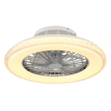 Stropní ventilátor, kov chrom, plast bílý/chrom, čiré akrylové křišťály, stmívatelný, paměť, dál. ovládání, 25m², stupně otáček 670/920/1070 ot/min, ø:500mm, V:175mm, včetně LED 40W 230V, zdroj 300-3900lm, výstup 260-2500lm, 3000-6500