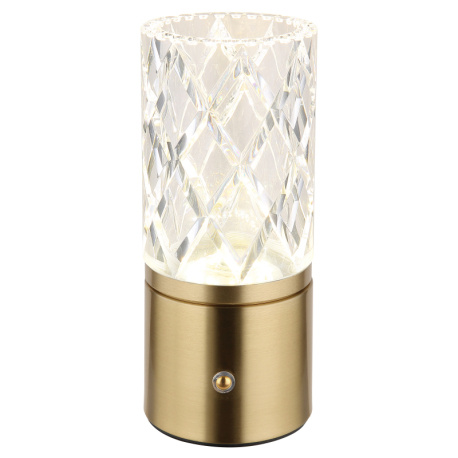 Nabíjecí stolní lampa, kov mosaz, akryl čirý, kabel PVC černý, dotykové zapnutí/vypnutí, stmívatelné, plynulé dotykové stmívání, fixace barev, USB-A 2.0 - USB-C, aku CR18650 1800mAh 3,7V, ø:80mm ,V:190mm, LED 2,5W 5V 185lm 2700/6500/4000K