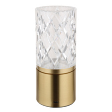 Nabíjecí stolní lampa, kov mosaz, akryl čirý, kabel PVC černý, dotykové zapnutí/vypnutí, stmívatelné, plynulé dotykové stmívání, fixace barev, USB-A 2.0 - USB-C, aku CR18650 1800mAh 3,7V, ø:80mm ,V:190mm, LED 2,5W 5V 185lm 2700/6500/4000K