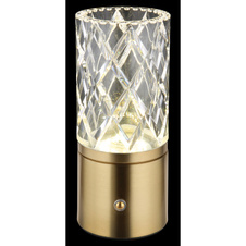 Nabíjecí stolní lampa, kov mosaz, akryl čirý, kabel PVC černý, dotykové zapnutí/vypnutí, stmívatelné, plynulé dotykové stmívání, fixace barev, USB-A 2.0 - USB-C, aku CR18650 1800mAh 3,7V, ø:80mm ,V:190mm, LED 2,5W 5V 185lm 2700/6500/4000K