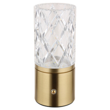 Nabíjecí stolní lampa, kov mosaz, akryl čirý, kabel PVC černý, dotykové zapnutí/vypnutí, stmívatelné, plynulé dotykové stmívání, fixace barev, USB-A 2.0 - USB-C, aku CR18650 1800mAh 3,7V, ø:80mm ,V:190mm, LED 2,5W 5V 185lm 2700/6500/4000K