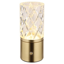 Nabíjecí stolní lampa, kov mosaz, akryl čirý, kabel PVC černý, dotykové zapnutí/vypnutí, stmívatelné, plynulé dotykové stmívání, fixace barev, USB-A 2.0 - USB-C, aku CR18650 1800mAh 3,7V, ø:80mm ,V:190mm, LED 2,5W 5V 185lm 2700/6500/4000K