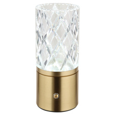 Nabíjecí stolní lampa, kov mosaz, akryl čirý, kabel PVC černý, dotykové zapnutí/vypnutí, stmívatelné, plynulé dotykové stmívání, fixace barev, USB-A 2.0 - USB-C, aku CR18650 1800mAh 3,7V, ø:80mm ,V:190mm, LED 2,5W 5V 185lm 2700/6500/4000K