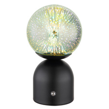 Nabíjecí stolní lampa, kov černý matný, sklo průhledné 3D efekt, kabel PVC bílý, dotykové zapnutí/vypnutí, plynulé dotykové stmívání, aku CR18650 1800mAh 3,7V, doba nabíjení baterie cca 4 hodiny, ø:120mm H:210mm, LED 2.5W 5V, 189lm 2700/6500/4000K
