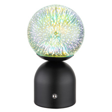 Nabíjecí stolní lampa, kov černý matný, sklo průhledné 3D efekt, kabel PVC bílý, dotykové zapnutí/vypnutí, plynulé dotykové stmívání, aku CR18650 1800mAh 3,7V, doba nabíjení baterie cca 4 hodiny, ø:120mm H:210mm, LED 2.5W 5V, 189lm 2700/6500/4000K