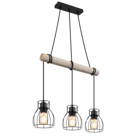 Závěsné svítidlo, kov černý, dřevo přírodní barva, kovové tyče černé, kabel na omotání, DxŠxV:500x140x1400mm, bez žárovek 3xE27, max. 40W 230V