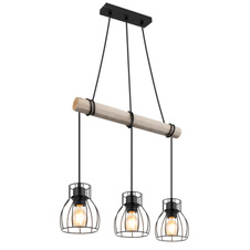 Závěsné svítidlo, kov černý, dřevo přírodní barva, kovové tyče černé, kabel na omotání, DxŠxV:500x140x1400mm, bez žárovek 3xE27, max. 40W 230V