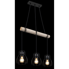 Závěsné svítidlo, kov černý, dřevo přírodní barva, kovové tyče černé, kabel na omotání, DxŠxV:500x140x1400mm, bez žárovek 3xE27, max. 40W 230V