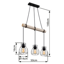 Závěsné svítidlo, kov černý, dřevo přírodní barva, kovové tyče černé, kabel na omotání, DxŠxV:500x140x1400mm, bez žárovek 3xE27, max. 40W 230V