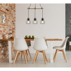 Závěsné svítidlo, kov černý, dřevo přírodní barva, kovové tyče černé, kabel na omotání, DxŠxV:500x140x1400mm, bez žárovek 3xE27, max. 40W 230V