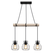 Závěsné svítidlo, kov černý, dřevo přírodní barva, kovové tyče černé, kabel na omotání, DxŠxV:500x140x1400mm, bez žárovek 3xE27, max. 40W 230V