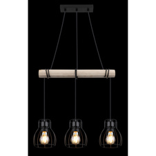 Závěsné svítidlo, kov černý, dřevo přírodní barva, kovové tyče černé, kabel na omotání, DxŠxV:500x140x1400mm, bez žárovek 3xE27, max. 40W 230V