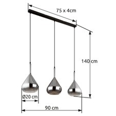 Závěsné svítidlo, kov černý, sklo kouřové barvy, kabel černý, nastavitelná výška, DxŠxV:900x200x1400mm, bez žárovek 3xE27,max. 60W 230V