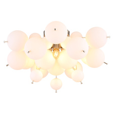 Stropní svítidlo, kov nikl matný, skleněné koule bílé, kabel PVC černý, ø:550mm, V:280mm, skleněné koule ø:15x6cm, 1x 10cm, bez žárovek 3xE14, Max. 25W 230V