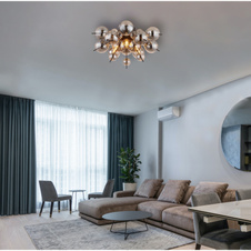 Stropní svítidlo, kov černý, skleněné koule kouřové barvy, Ø:550mm, V:280mm, skleněné koule ø:15x6cm, 15x10cm, bez žárovek 3xE14, Max. 25W 230V