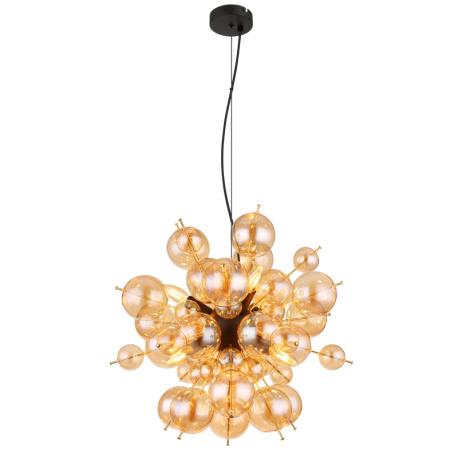 Závěsné svítidlo, kov černý, kov zlaté barvy, skleněné koule jantarové barvy, kabel PVC černý, možnost zkrácení výšky, ø:550mm, V:1200mm, skleněné koule ø:24x6cm, 24x10cm, bez žárovek 6xE14 , Max. 25W 230V
