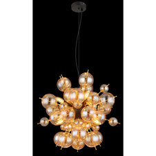 Závěsné svítidlo, kov černý, kov zlaté barvy, skleněné koule jantarové barvy, kabel PVC černý, možnost zkrácení výšky, ø:550mm, V:1200mm, skleněné koule ø:24x6cm, 24x10cm, bez žárovek 6xE14 , Max. 25W 230V