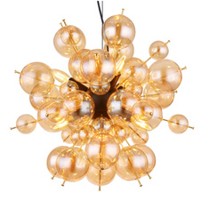Závěsné svítidlo, kov černý, kov zlaté barvy, skleněné koule jantarové barvy, kabel PVC černý, možnost zkrácení výšky, ø:550mm, V:1200mm, skleněné koule ø:24x6cm, 24x10cm, bez žárovek 6xE14 , Max. 25W 230V