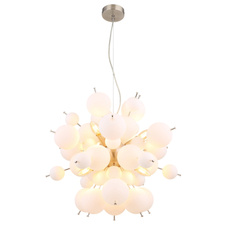 Závěsné svítidlo, kov nikl matný, skleněné koule bílé, kabel PVC černý, ø:550mm, V:1200mm, skleněné koule ø:24x6cm, 24x10cm, bez žárovek 6xE14, Max. 25W 230V