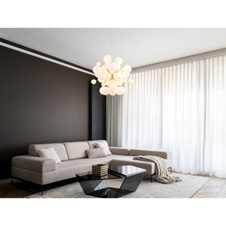 Závěsné svítidlo, kov nikl matný, skleněné koule bílé, kabel PVC černý, ø:550mm, V:1200mm, skleněné koule ø:24x6cm, 24x10cm, bez žárovek 6xE14, Max. 25W 230V