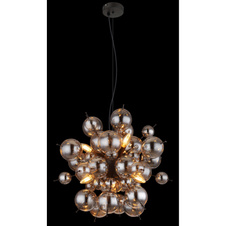 Závěsné svítidlo, kov černý, skleněné koule kouřové barvy, kabel PVC černý, nastavitelná výška, ø:550mm, V:1200mm, skleněné koule ø:24x6cm, 24x10cm, bez žárovek 6xE14, 25W 230V
