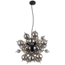 Závěsné svítidlo, kov černý, skleněné koule kouřové barvy, kabel PVC černý, nastavitelná výška, ø:550mm, V:1200mm, skleněné koule ø:24x6cm, 24x10cm, bez žárovek 6xE14, 25W 230V