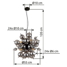 Závěsné svítidlo, kov černý, skleněné koule kouřové barvy, kabel PVC černý, nastavitelná výška, ø:550mm, V:1200mm, skleněné koule ø:24x6cm, 24x10cm, bez žárovek 6xE14, 25W 230V