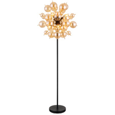 Stojací svítidlo, kov černý, kov zlaté barvy, skleněné koule jantarové, kabel PVC černý, vypínač na kabelu, ø:550mm, V:1550mm, délka kabelu 1800mm, skleněné koule ø:24x6cm, 24x10cm , bez žárovek 6xE14, Max. 25W 230V