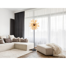 Stojací svítidlo, kov černý, kov zlaté barvy, skleněné koule jantarové, kabel PVC černý, vypínač na kabelu, ø:550mm, V:1550mm, délka kabelu 1800mm, skleněné koule ø:24x6cm, 24x10cm , bez žárovek 6xE14, Max. 25W 230V