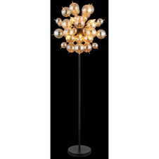 Stojací svítidlo, kov černý, kov zlaté barvy, skleněné koule jantarové, kabel PVC černý, vypínač na kabelu, ø:550mm, V:1550mm, délka kabelu 1800mm, skleněné koule ø:24x6cm, 24x10cm , bez žárovek 6xE14, Max. 25W 230V