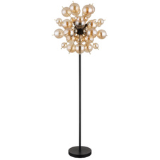 Stojací svítidlo, kov černý, kov zlaté barvy, skleněné koule jantarové, kabel PVC černý, vypínač na kabelu, ø:550mm, V:1550mm, délka kabelu 1800mm, skleněné koule ø:24x6cm, 24x10cm , bez žárovek 6xE14, Max. 25W 230V