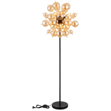 Stojací svítidlo, kov černý, kov zlaté barvy, skleněné koule jantarové, kabel PVC černý, vypínač na kabelu, ø:550mm, V:1550mm, délka kabelu 1800mm, skleněné koule ø:24x6cm, 24x10cm , bez žárovek 6xE14, Max. 25W 230V