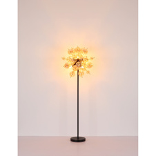 Stojací svítidlo, kov černý, kov zlaté barvy, skleněné koule jantarové, kabel PVC černý, vypínač na kabelu, ø:550mm, V:1550mm, délka kabelu 1800mm, skleněné koule ø:24x6cm, 24x10cm , bez žárovek 6xE14, Max. 25W 230V