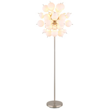 Stojací svítidlo, kov nikl matný, skleněné koule bílé, kabel PVC černý, vyínač na kabelu, ø:550mm, V:1550mm, délka kabelu 1800mm, skleněné koule ø:24x6cm, 24x10cm, bez žárovek 6x25W 230V