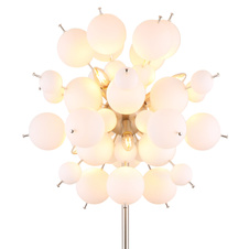 Stojací svítidlo, kov nikl matný, skleněné koule bílé, kabel PVC černý, vyínač na kabelu, ø:550mm, V:1550mm, délka kabelu 1800mm, skleněné koule ø:24x6cm, 24x10cm, bez žárovek 6x25W 230V