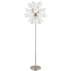 Stojací svítidlo, kov nikl matný, skleněné koule bílé, kabel PVC černý, vyínač na kabelu, ø:550mm, V:1550mm, délka kabelu 1800mm, skleněné koule ø:24x6cm, 24x10cm, bez žárovek 6x25W 230V