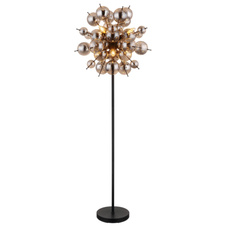 Stojací svítidlo, kov černý matný, skleněné koule kouřové barvy, kabel PVC černý, vyínač na kabelu, ø:550mm, V:1550mm, délka kabelu 1800mm, skleněné koule ø:24x6cm, 24x10cm, bez žárovek 6xE14, Max. 25W 230V