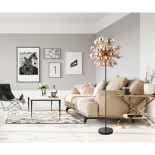 Stojací svítidlo, kov černý matný, skleněné koule kouřové barvy, kabel PVC černý, vyínač na kabelu, ø:550mm, V:1550mm, délka kabelu 1800mm, skleněné koule ø:24x6cm, 24x10cm, bez žárovek 6xE14, Max. 25W 230V