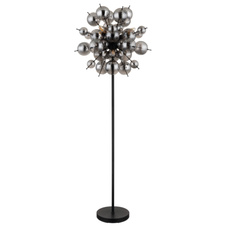 Stojací svítidlo, kov černý matný, skleněné koule kouřové barvy, kabel PVC černý, vyínač na kabelu, ø:550mm, V:1550mm, délka kabelu 1800mm, skleněné koule ø:24x6cm, 24x10cm, bez žárovek 6xE14, Max. 25W 230V