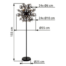 Stojací svítidlo, kov černý matný, skleněné koule kouřové barvy, kabel PVC černý, vyínač na kabelu, ø:550mm, V:1550mm, délka kabelu 1800mm, skleněné koule ø:24x6cm, 24x10cm, bez žárovek 6xE14, Max. 25W 230V