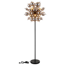 Stojací svítidlo, kov černý matný, skleněné koule kouřové barvy, kabel PVC černý, vyínač na kabelu, ø:550mm, V:1550mm, délka kabelu 1800mm, skleněné koule ø:24x6cm, 24x10cm, bez žárovek 6xE14, Max. 25W 230V