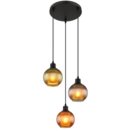Závěsné svítidlo, kov černý, skleněné koule, kabel PVC černý, nastavitelná výška, barvy skla: 1x zelená, 1x modrá, 1x bronzová, vnitřní skla bílá, ø:360mm, V:1200mm, bez žárovek 3xE27, max. 25W 230V