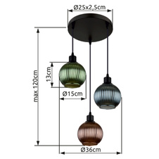 Závěsné svítidlo, kov černý, skleněné koule, kabel PVC černý, nastavitelná výška, barvy skla: 1x zelená, 1x modrá, 1x bronzová, vnitřní skla bílá, ø:360mm, V:1200mm, bez žárovek 3xE27, max. 25W 230V