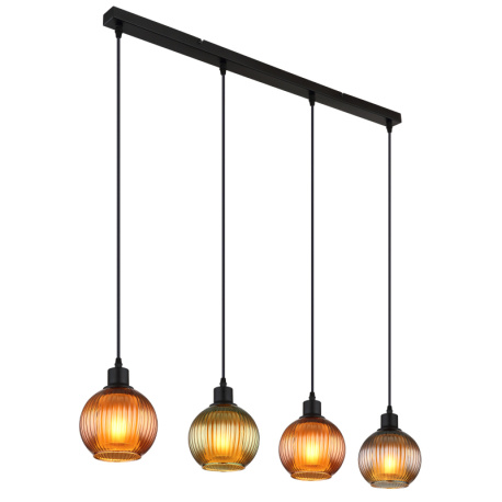 Závěsné svítidlo, kov černý, skleněné koule, kabel PVC černý, nastavitelná výška, barvy skla: 1x zelená, 2x bronzová, 1x modrá, vnitřní skla bílá, DxŠxV:900x150x1200mm, bez žárovek 4xE27, max. 25W 230V