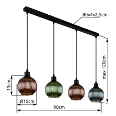 Závěsné svítidlo, kov černý, skleněné koule, kabel PVC černý, nastavitelná výška, barvy skla: 1x zelená, 2x bronzová, 1x modrá, vnitřní skla bílá, DxŠxV:900x150x1200mm, bez žárovek 4xE27, max. 25W 230V